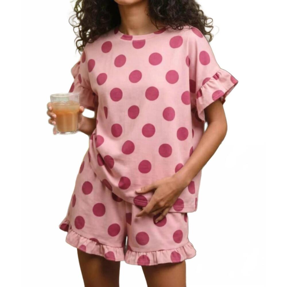 NEW BIBI polka dot printed ruffle top and shorts set in pink